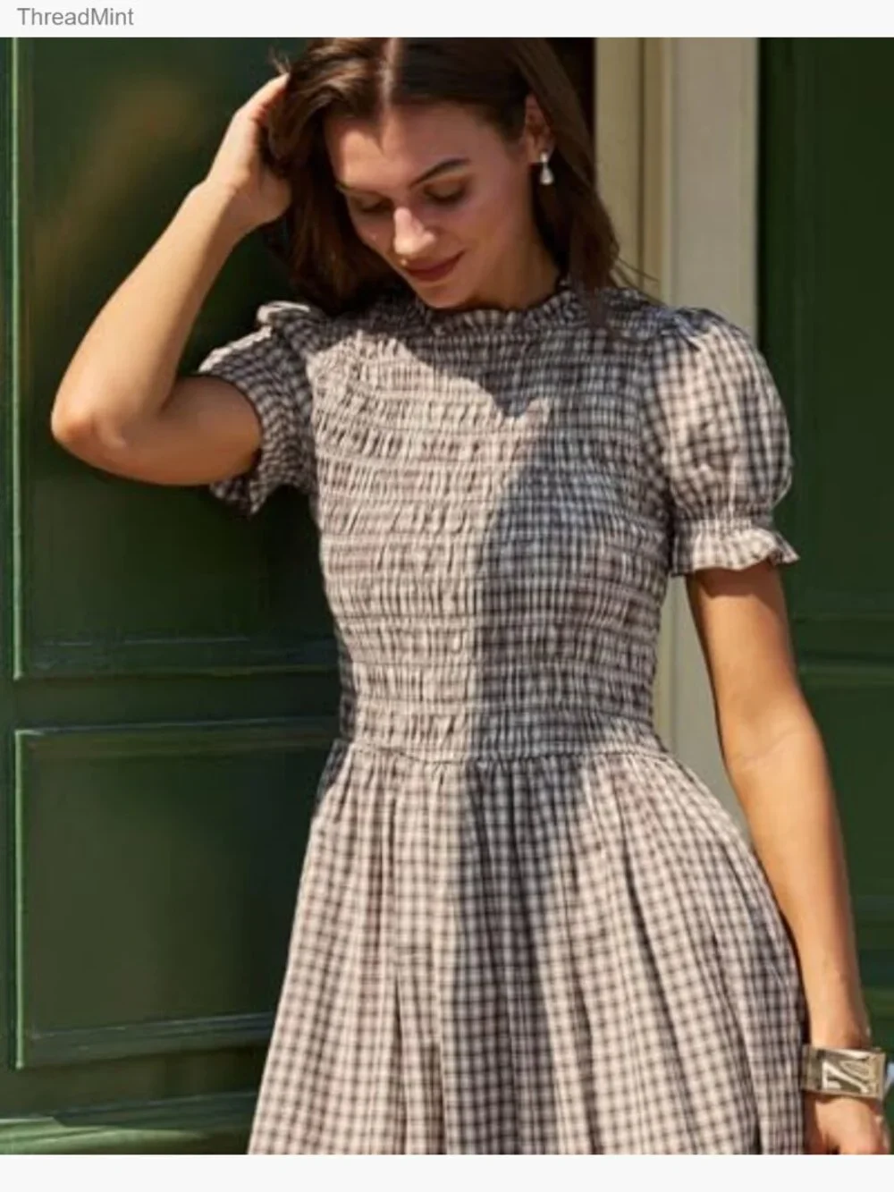 Smocked Puff Sleeve Midi Dress, Flowy A-Line Boho Sundress - Picture 5 of 7